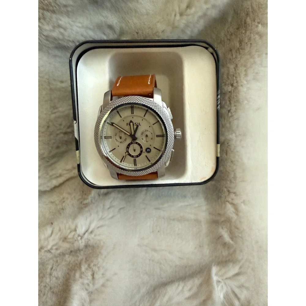 Fossil Machine Chronograph Mens Watch Tan Leather Strap FS4659 Silver Case